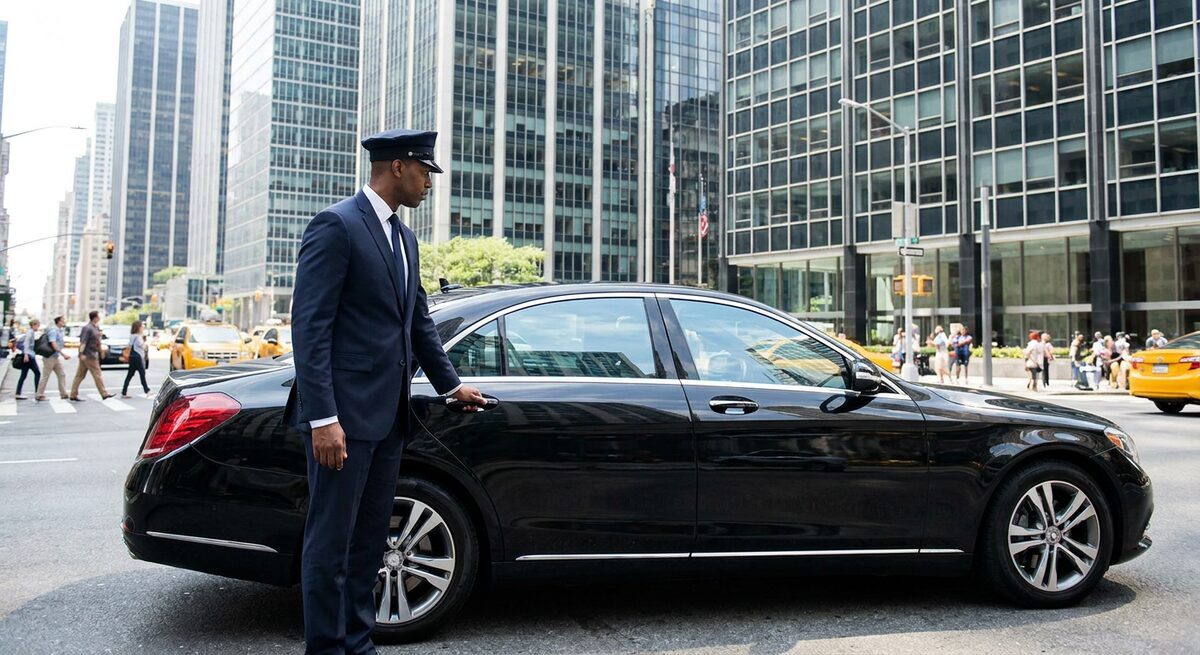 Chauffeur professionnel Taxi Transfert à côté d'une berline Mercedes noire